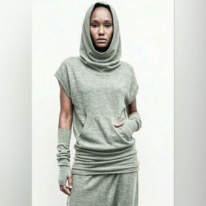 Nicholas K Linen Cotton Cowl Hood Tunic Hoodie Sage Gray XS Avant Garde Pocket